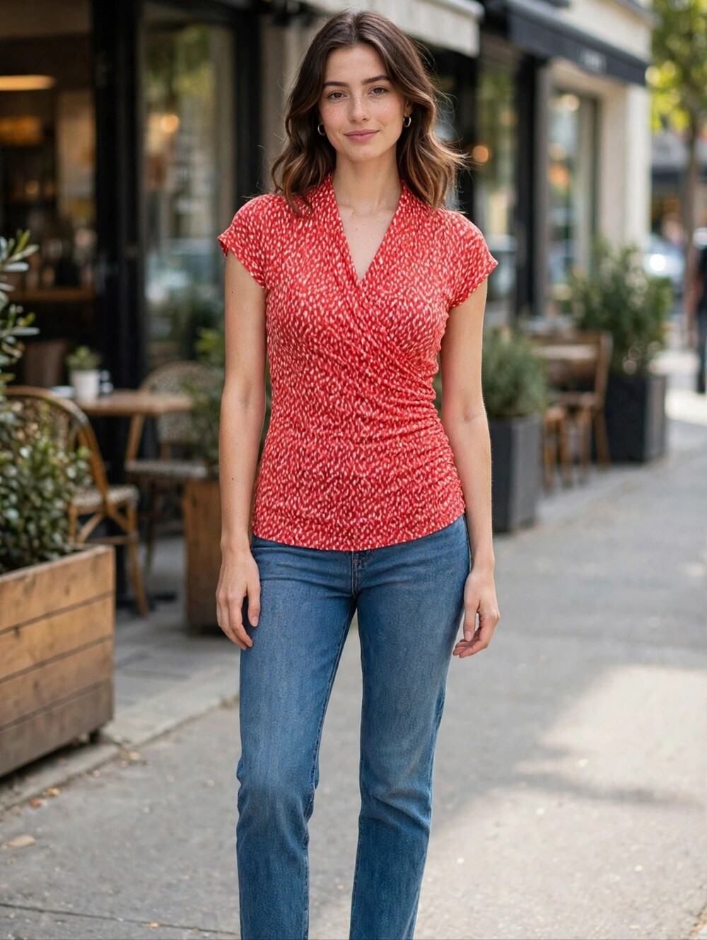 Chaus Red Printed Surplice Cap Sleeve Blouse